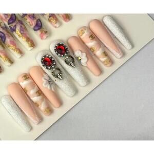 Extra long coffin press on nails nude acrylic flowers glitter white clouds